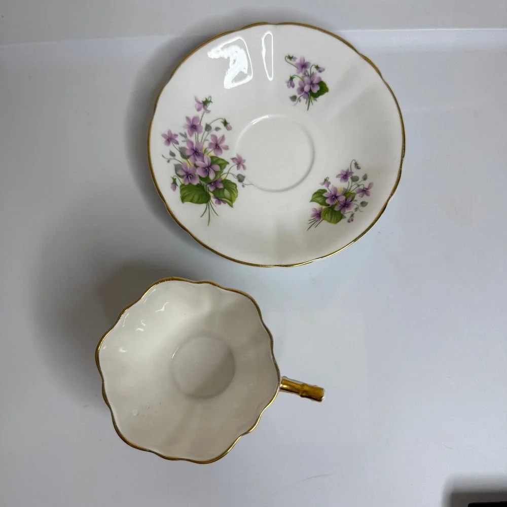 Royal Victoria Fine Bone China Tea Cup and Saucer Set Violets Gold Trim England